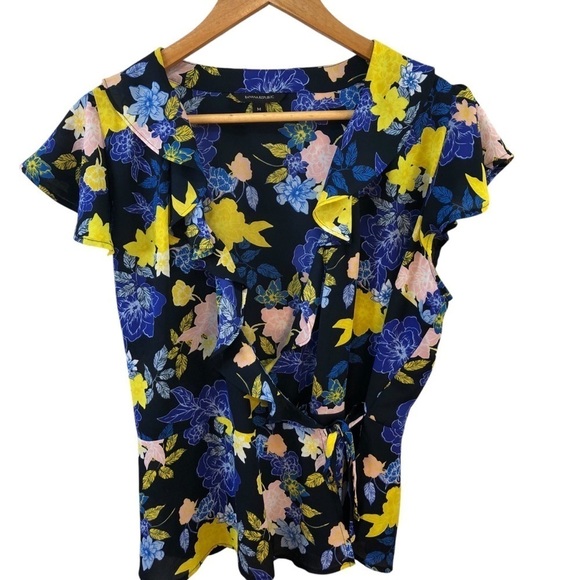 Banana Republic Sz M Wrap Blouse Top Floral Blue Feminine Ruffled Colorful Retro - Picture 3 of 8